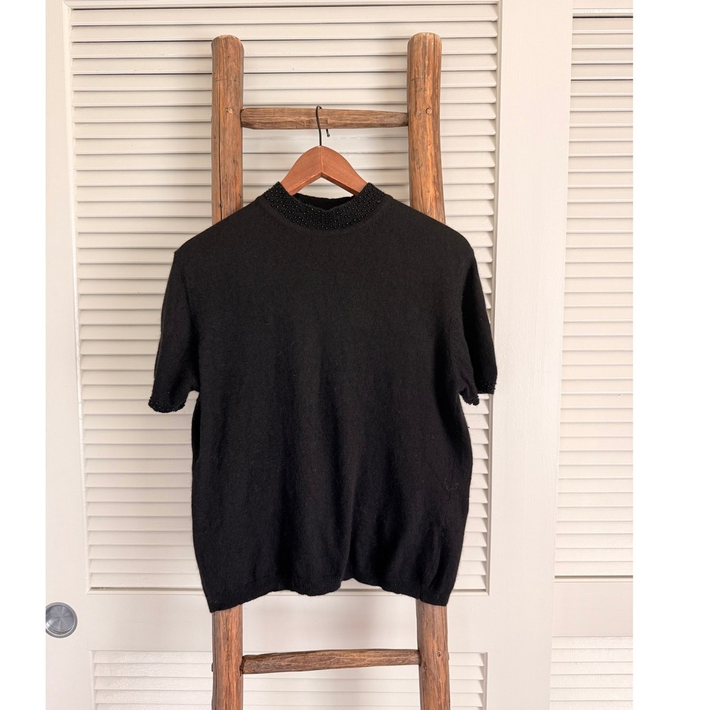 JONES NEW YORK COUNTRY Black Beaded Mock Neck‎ Short Sleeve Sweater Top L